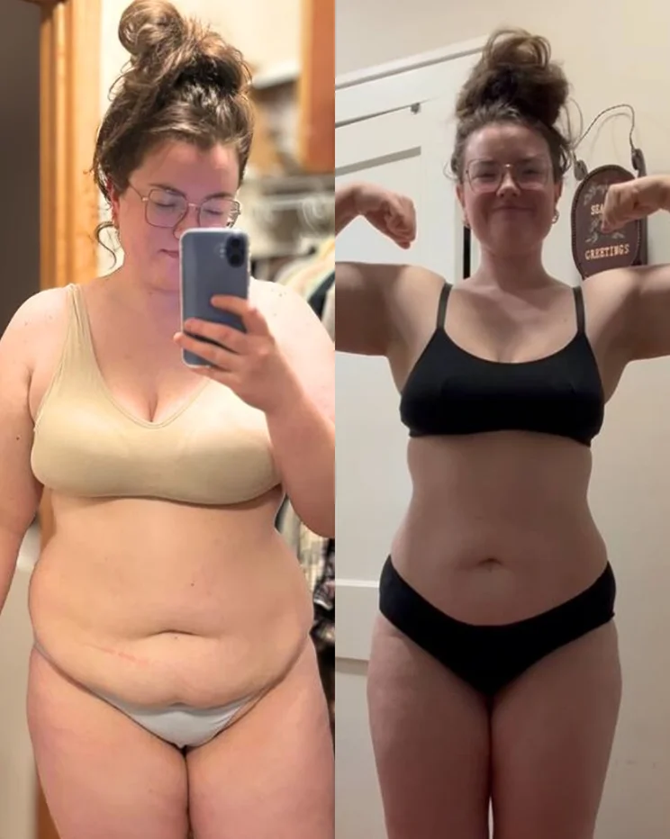 Before and after fitness transformation showing fat loss and improved body composition