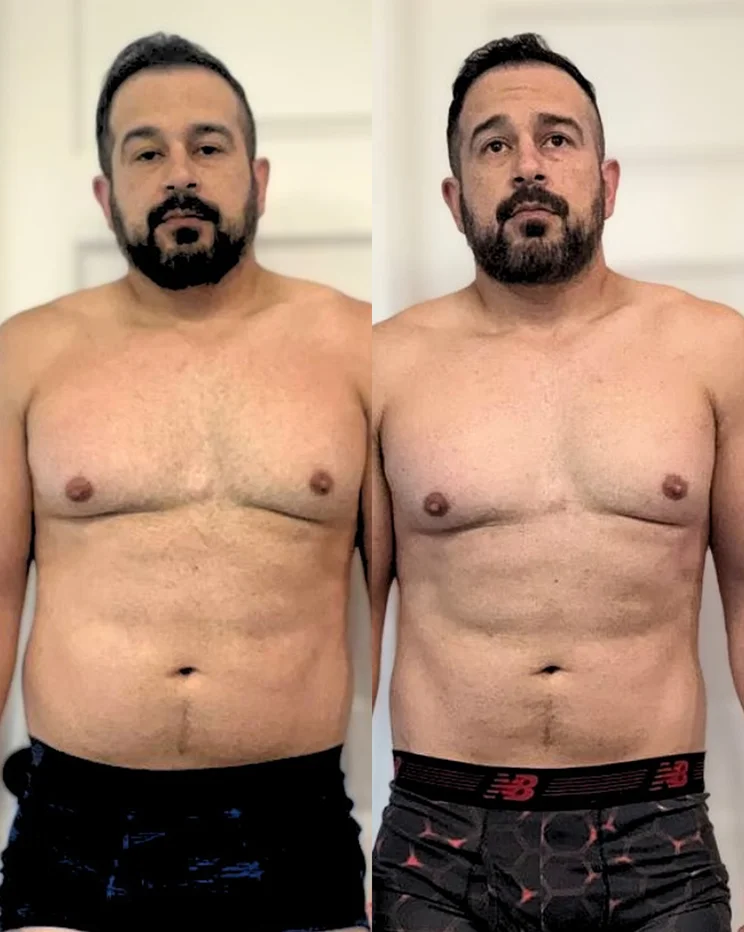 Before and after weight loss transformation showing fat loss and improved physique