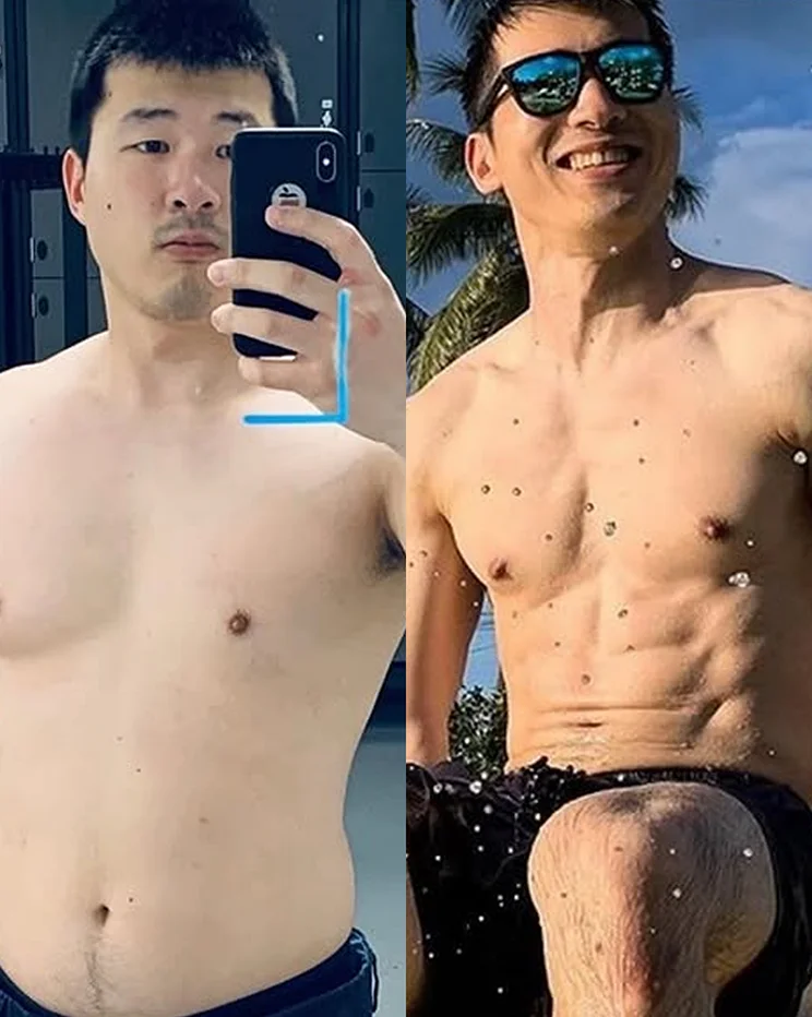 Fitness transformation showing fat loss and increased muscle definition