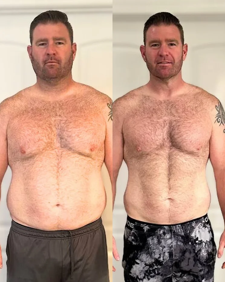 Before and after transformation showing body composition changes and fat loss progress