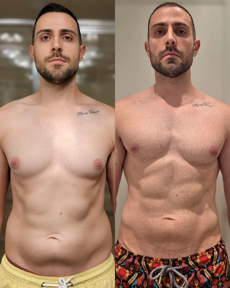 Before and after weight loss transformation showing fat loss and improved physique