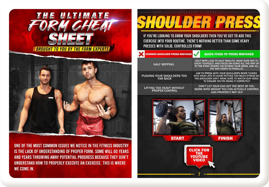 Exercise form guide showing proper shoulder press technique and common mistakes to avoid