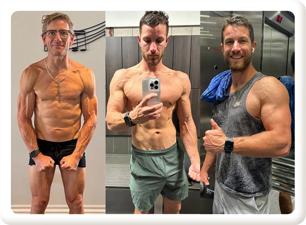 Before and after fitness transformation showing increased muscle definition and improved vascularity