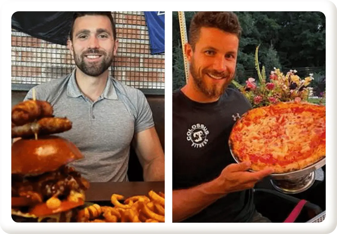 Josh and Kyle enjoying pizza and burger meals showing how fast food can fit into a balanced lifestyle