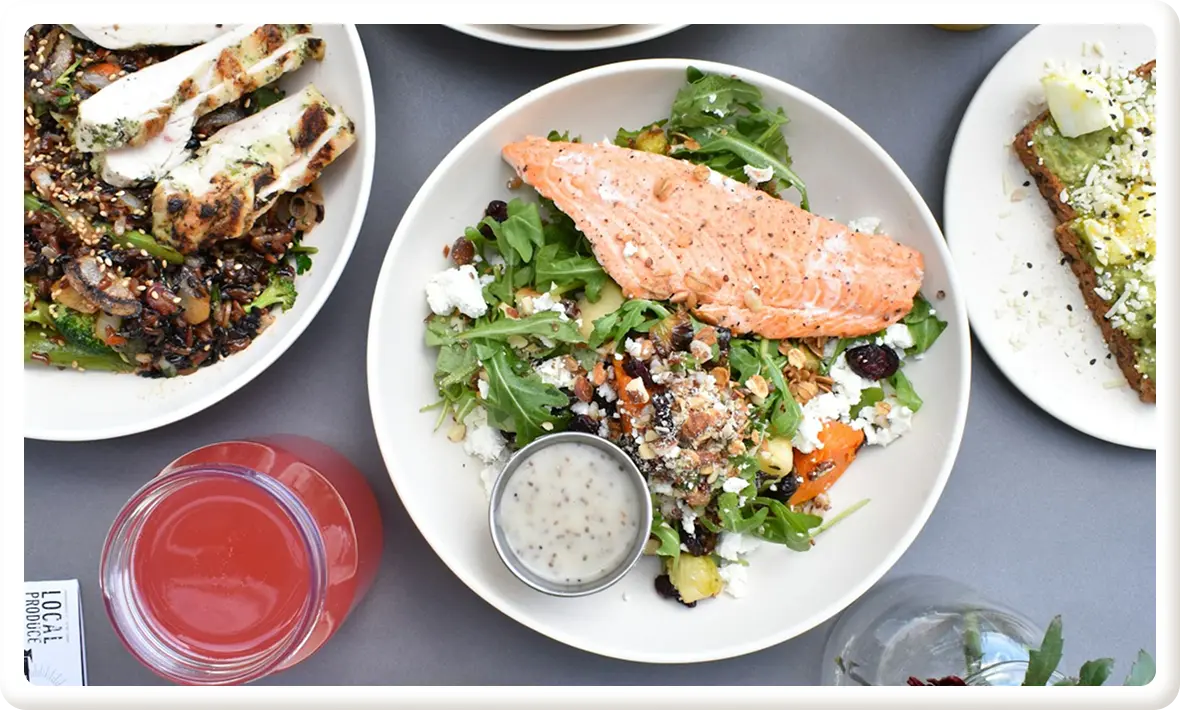 High protein meal with salmon, vegetables, and whole foods for balanced nutrition and fat loss support