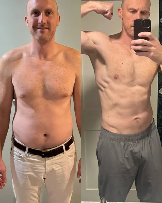 Before-and-after fitness transformation of Jeff showing fat loss and improved muscle definition