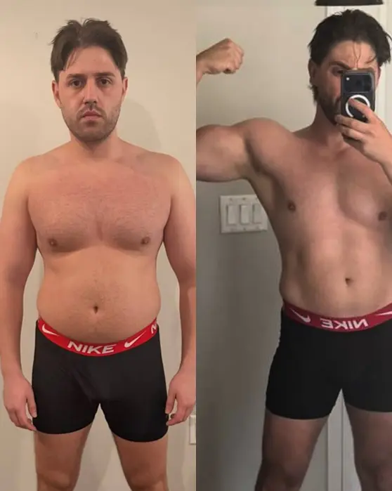 Before-and-after fitness transformation of Anthony showing fat loss and improved muscle definition