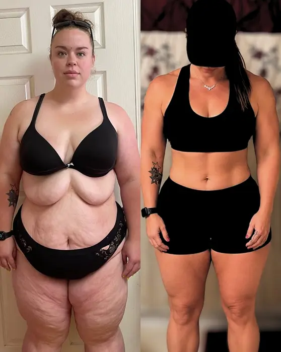 Before-and-after fitness transformation of Brook showing fat loss and improved muscle definition