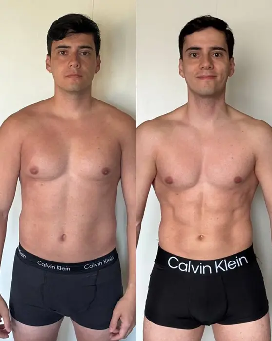 Before-and-after fitness transformation of David showing fat loss and improved muscle definition
