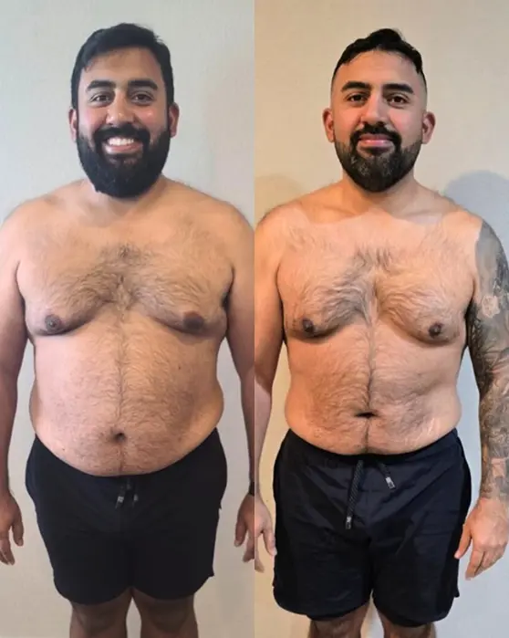 Before-and-after fitness transformation of Favio showing fat loss and improved muscle definition