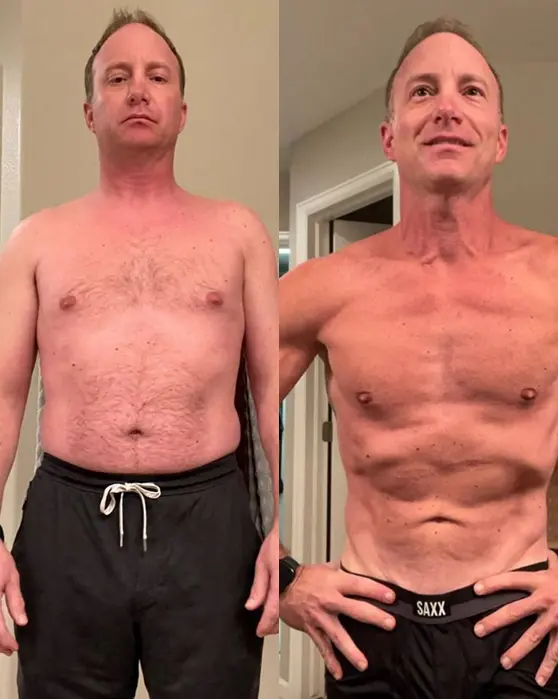 Before-and-after fitness transformation of John showing fat loss and improved muscle definition