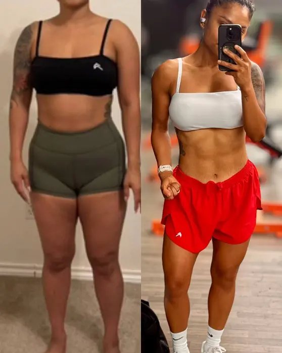 Before-and-after fitness transformation of Kelly showing fat loss and improved muscle definition