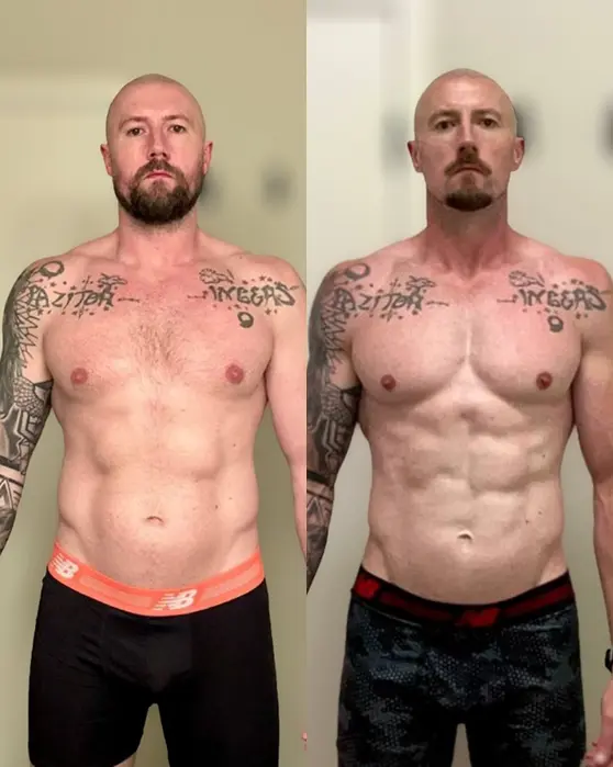 Before-and-after fitness transformation of Mike showing fat loss and improved muscle definition