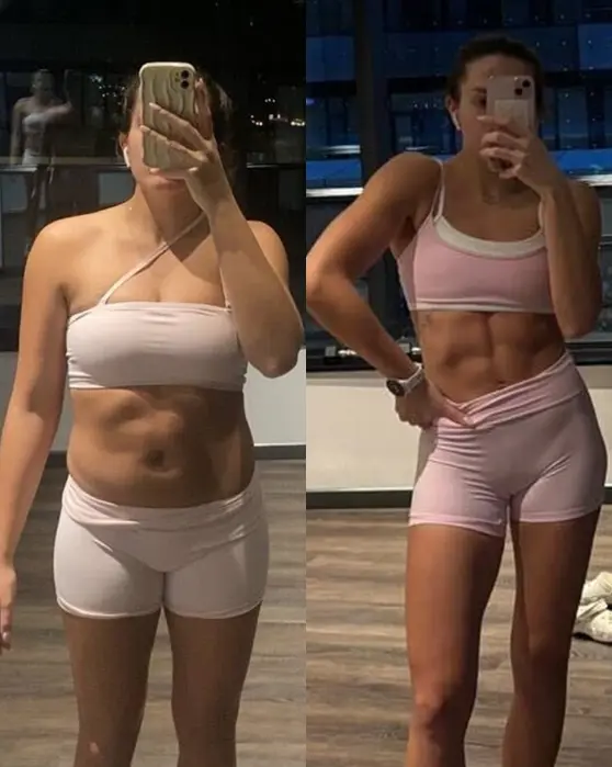 Before-and-after fitness transformation of Rylee showing fat loss and improved muscle definition
