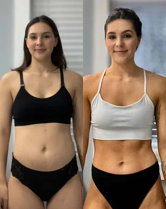 Before-and-after fitness transformation of Savannah showing fat loss and improved muscle definition