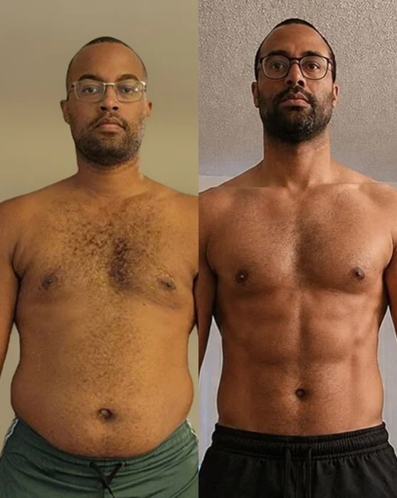 Before-and-after fitness transformation of Tim showing fat loss and improved muscle definition