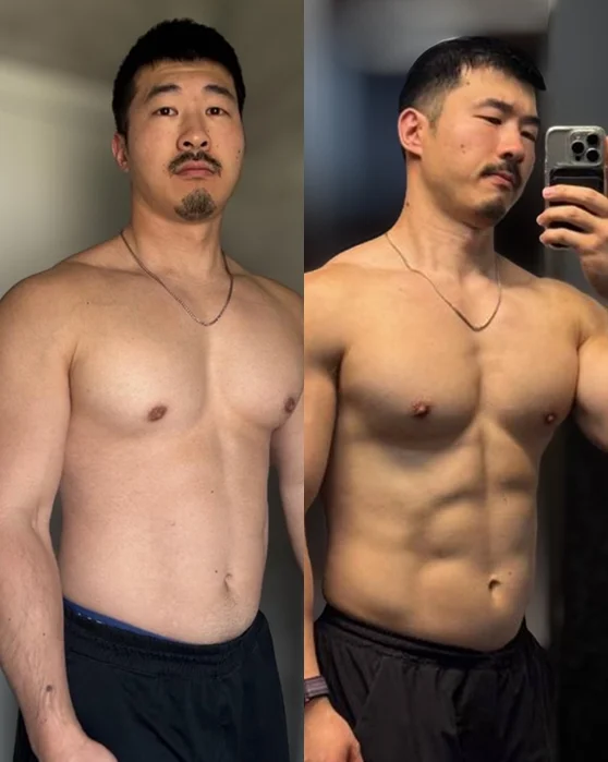 Before-and-after fitness transformation of Yong showing fat loss and improved muscle definition