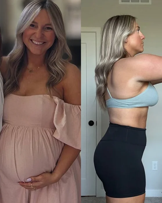 Before-and-after fitness transformation of Megan showing fat loss and improved muscle definition