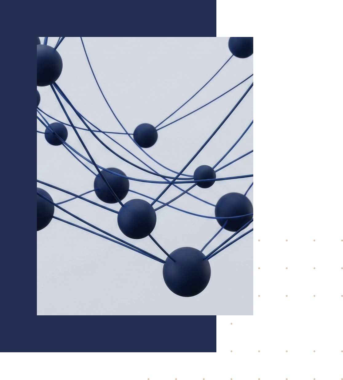 Réseau de sphères bleues reliées par des fils en trois dimensions sur fond clair.