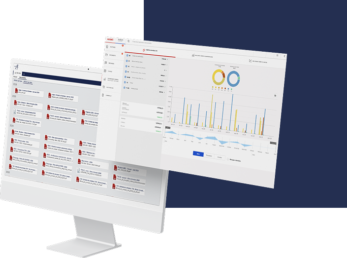 Écran d’ordinateur affichant deux fenêtres de tableau de bord avec graphiques et liste de fichiers PDF.