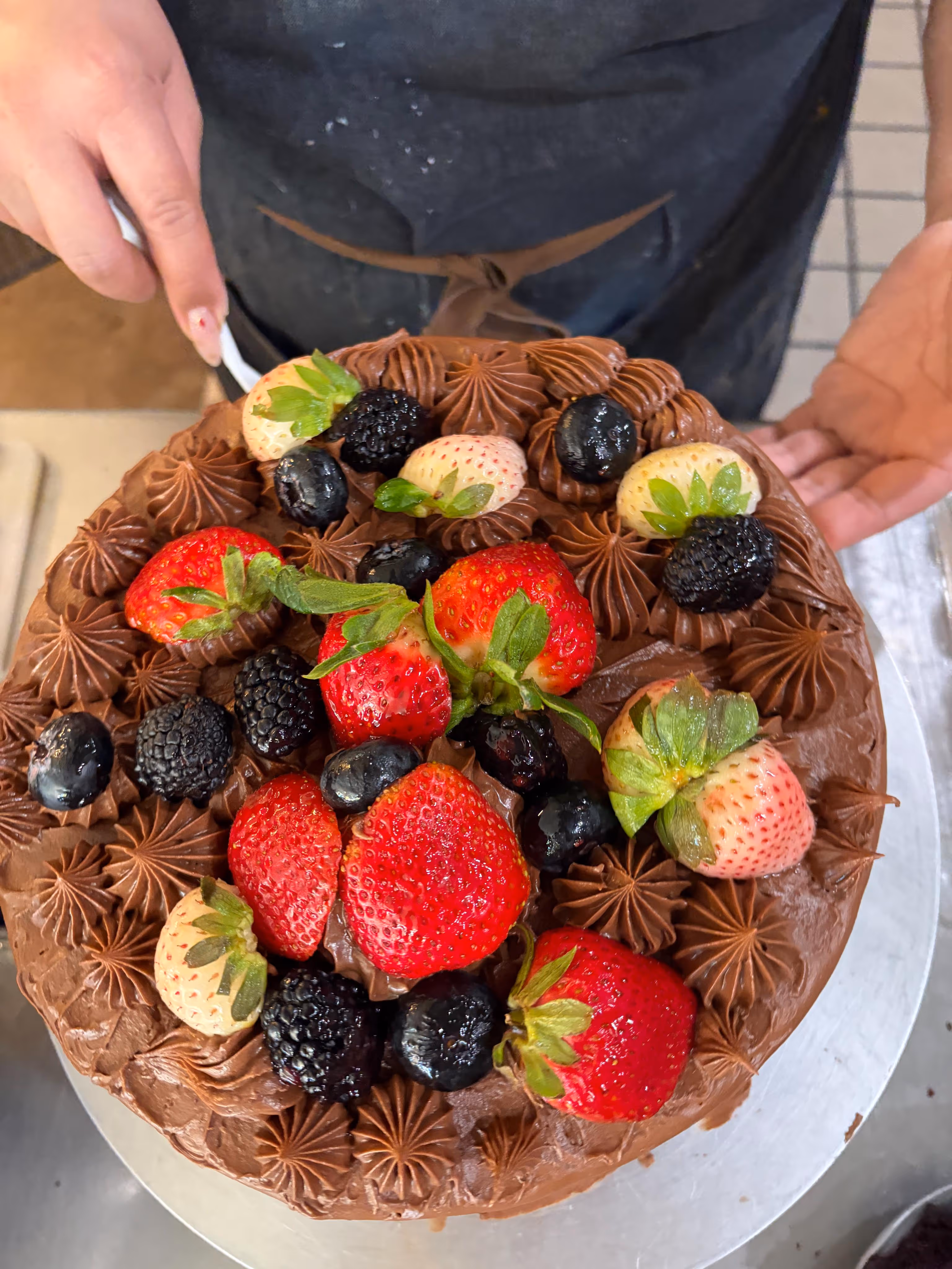 Hand holding a chocolate cake decorated with fresh red and white strawberries, blackberries, and blueberries.