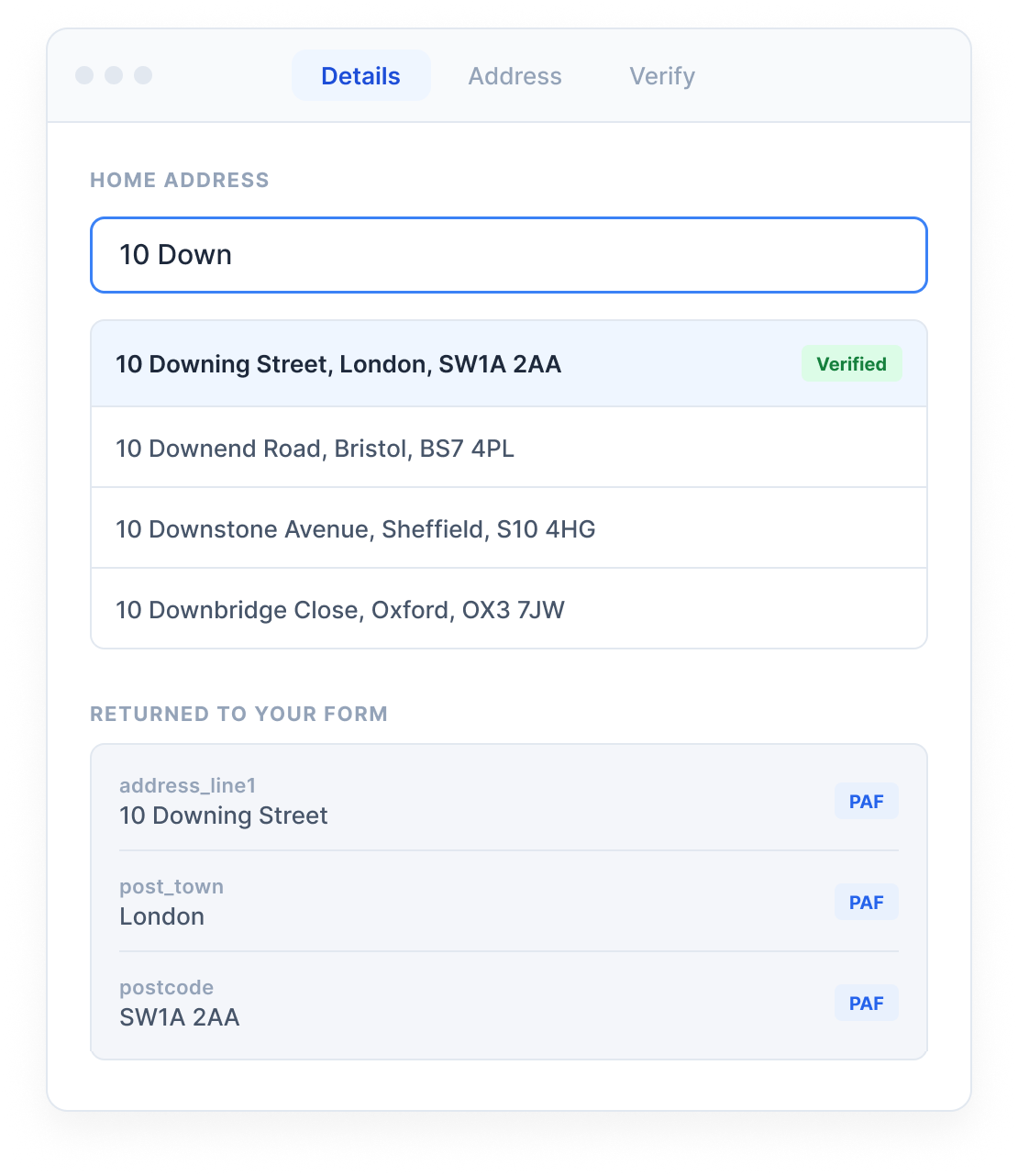 Checkout address form with UK postcode lookup suggesting Royal Mail PAF addresses