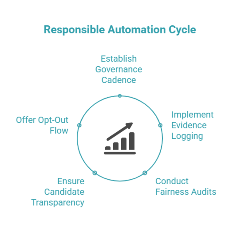Diagram of a responsible automation cycle outlining governance, transparency, audits, opt-out flows, and evidence logging.