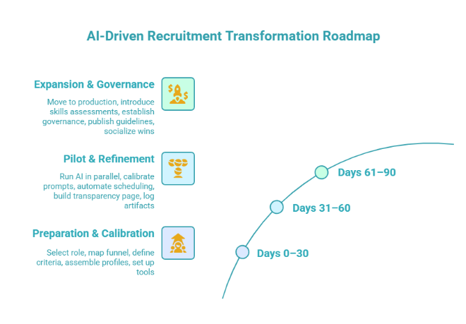 Roadmap diagram showing a 90-day AI-driven recruitment transformation plan across preparation, pilot, and expansion phases