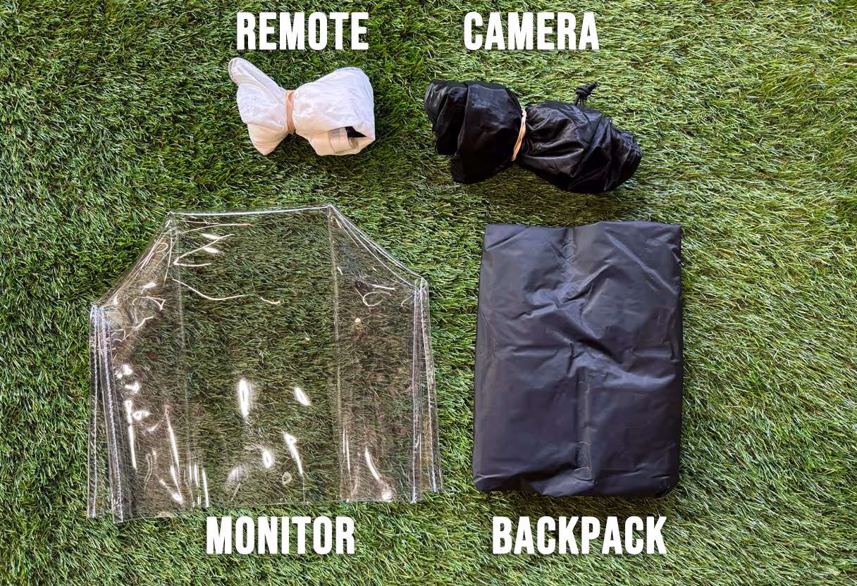 Rain covers for endzone camera and press box cameras, viewing monitor, wireless camera zoom remote, and backpack for rainy weather during high school and college football games or practice.