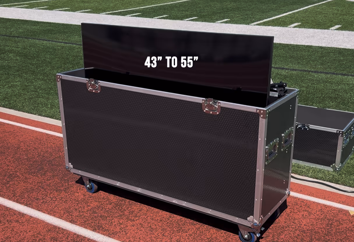 Large black protective case on wheels with a flat screen TV partially raised, displaying text '43" TO 55"'.  Great for teams looking to upgrade their sideline instant replay set up.