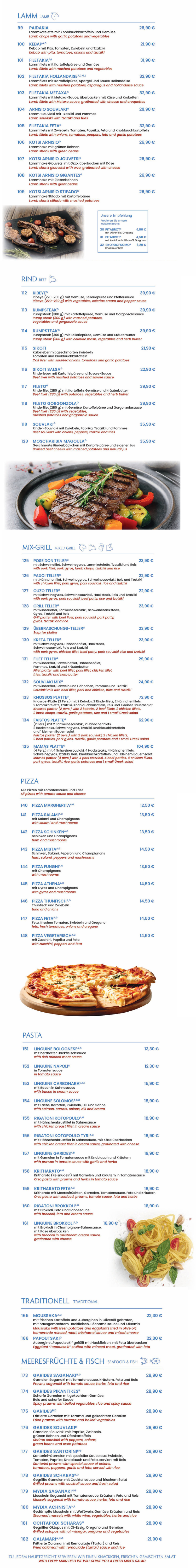 Restaurantmenü mit verschiedenen Kategorien wie Lamm, Rind, Mix-Grill, Pizza, Pasta, Traditionell und Meeresfrüchte & Fisch, mit Preisen in Euro und begleitenden Bildern von gegrilltem Fleisch und Pizza.