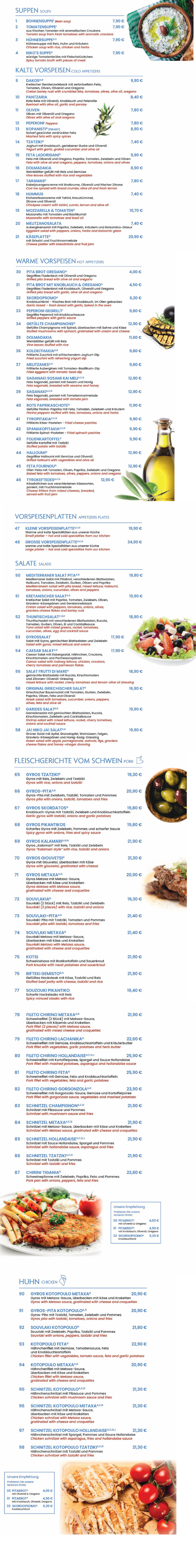 Speisekarte mit Kategorien Suppen, Kalte Vorspeisen, Warme Vorspeisen, Vorspeisenplatten, Salate, Fleischgerichte vom Schwein und Hühnchen mit Beschreibungen und Preisen sowie Bildern von Gerichten.