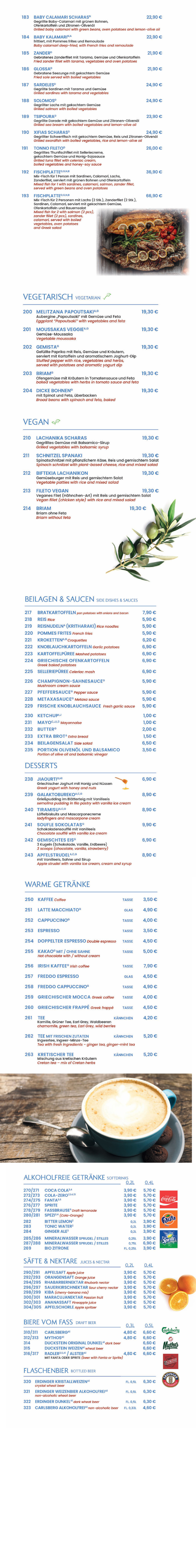 Restaurant menu listing various dishes including seafood, vegetarian, vegan options, side dishes, sauces, desserts, hot and cold drinks with prices in euros, accompanied by images of food and coffee.
