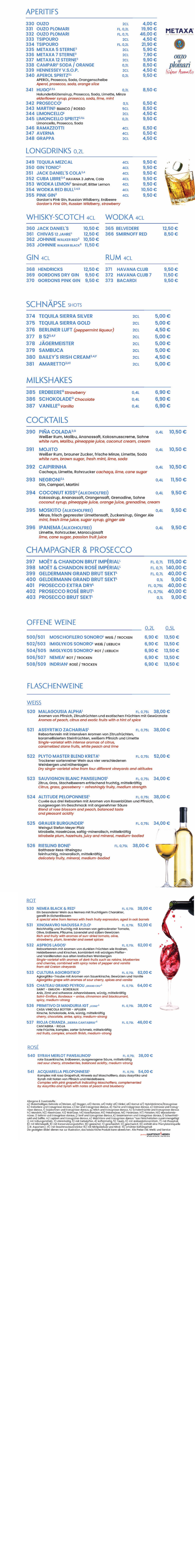 Getränkekarte mit Aperitifs, Longdrinks, Whisky, Gin, Rum, Schnäpsen, Milchshakes, Cocktails, Champagner, Prosecco, offene Weine, Flaschenweine, Weiß- und Rotwein, inklusive Preisen in Euro.