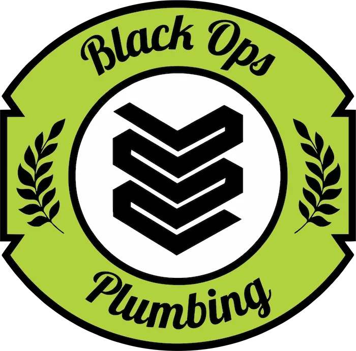 Logo with green oval background featuring black stylized water pipes and text 'Black Ops Plumbing', flanked by two black leaf branches.