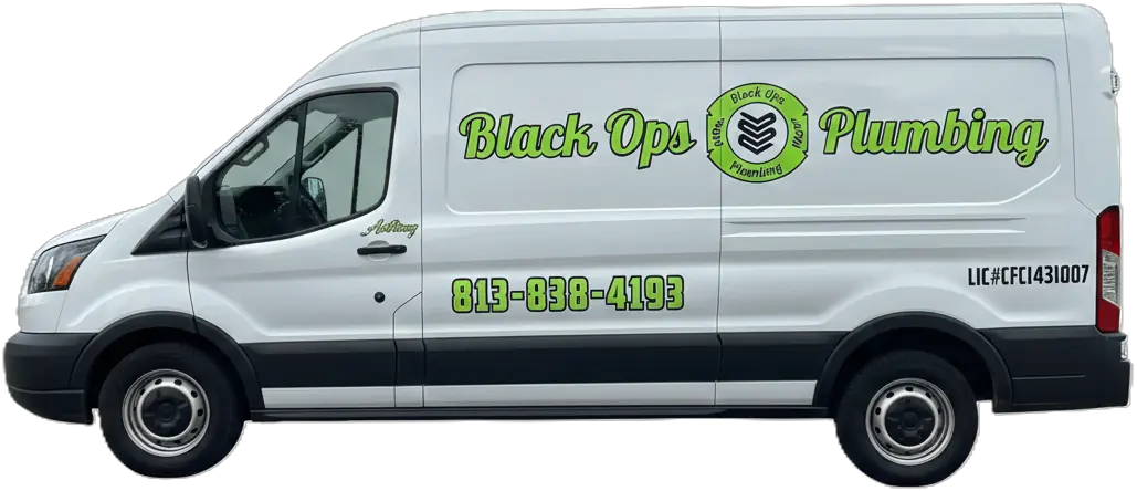 White plumbing service van with black and green text reading 'Black Ops Plumbing' and phone number '813-838-4193'.