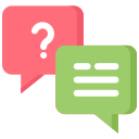 Red chat bubble with a question mark and green chat bubble with horizontal lines symbolizing a question and answer conversation.