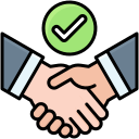 Handshake between two people with a green check mark above it, symbolizing agreement or approval.