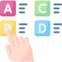 Hand pointing at the yellow letter 'B' block among pink 'A', green 'C', and blue 'D' blocks, each with lines beside them.