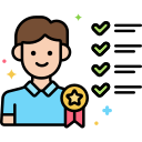 Illustration of a smiling person with brown hair and a blue shirt, surrounded by four green check marks and holding a medal with a star.