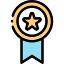 Gold medal with a star symbol and attached blue ribbon.