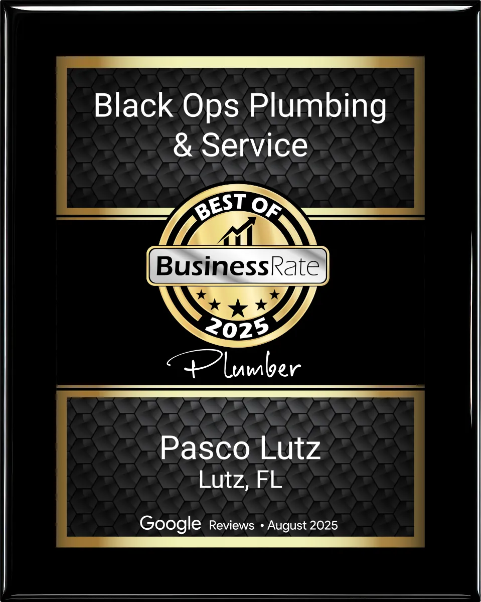 Best of Business Rate 2025 award plaque for Black Ops Plumbing & Service, Plumber in Pasco Lutz, Lutz, FL, based on Google Reviews in August 2025.