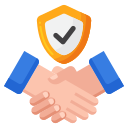 Two hands shaking under an orange shield with a black checkmark, symbolizing trust and agreement.
