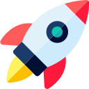 Colorful cartoon rocket with red fins, blue body, and yellow flame at the bottom.