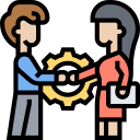 Two people facing each other and shaking hands with a gear symbol behind their hands representing cooperation or agreement.