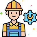 Smiling technician wearing a yellow hard hat and blue overalls with a gear and wrench symbol in the background.