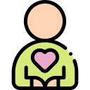 Stylized person icon holding a pink heart near the chest representing affection or care.