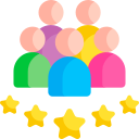 Group of five colorful people icons above five gold stars representing customer satisfaction.