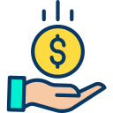 Hand holding a gold coin with a dollar sign above it representing saving money.