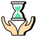 Two hands holding an hourglass with green sand symbolizing longevity or time.